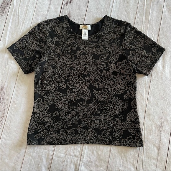 Talbots Tops - Talbots Paisley Print Short Sleeve Top Women’s Black Tan Stretch Casual Gorpcore